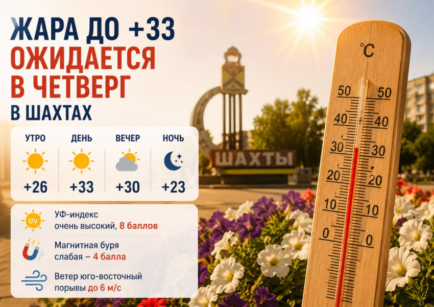 Жара до +33 градусов ожидается в четверг в Шахтах 