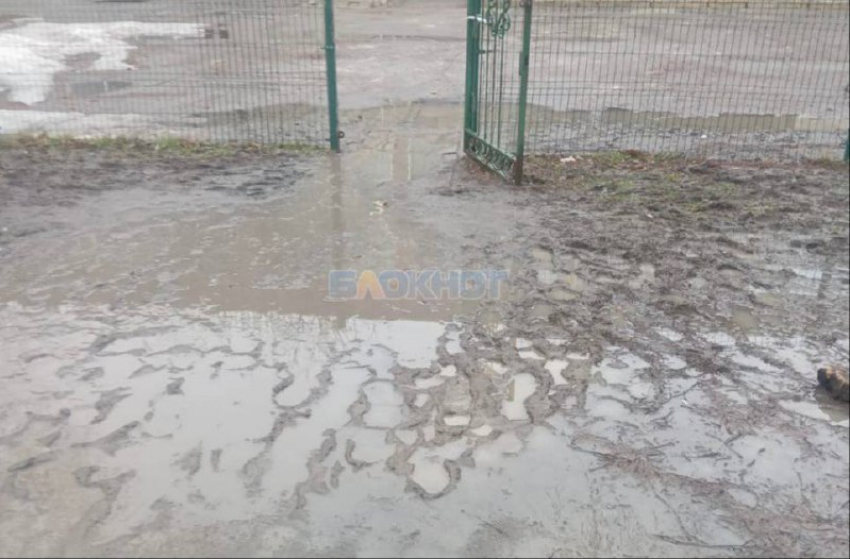 У входа в школу №22 в  Шахтах родители учеников вынуждены переносить детей через лужи и грязь